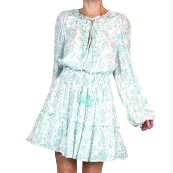 House of Harlow 1960 Aqua Blue Paisley Long Sleeve Dress Women's Size XS - Picture 1 of 6
